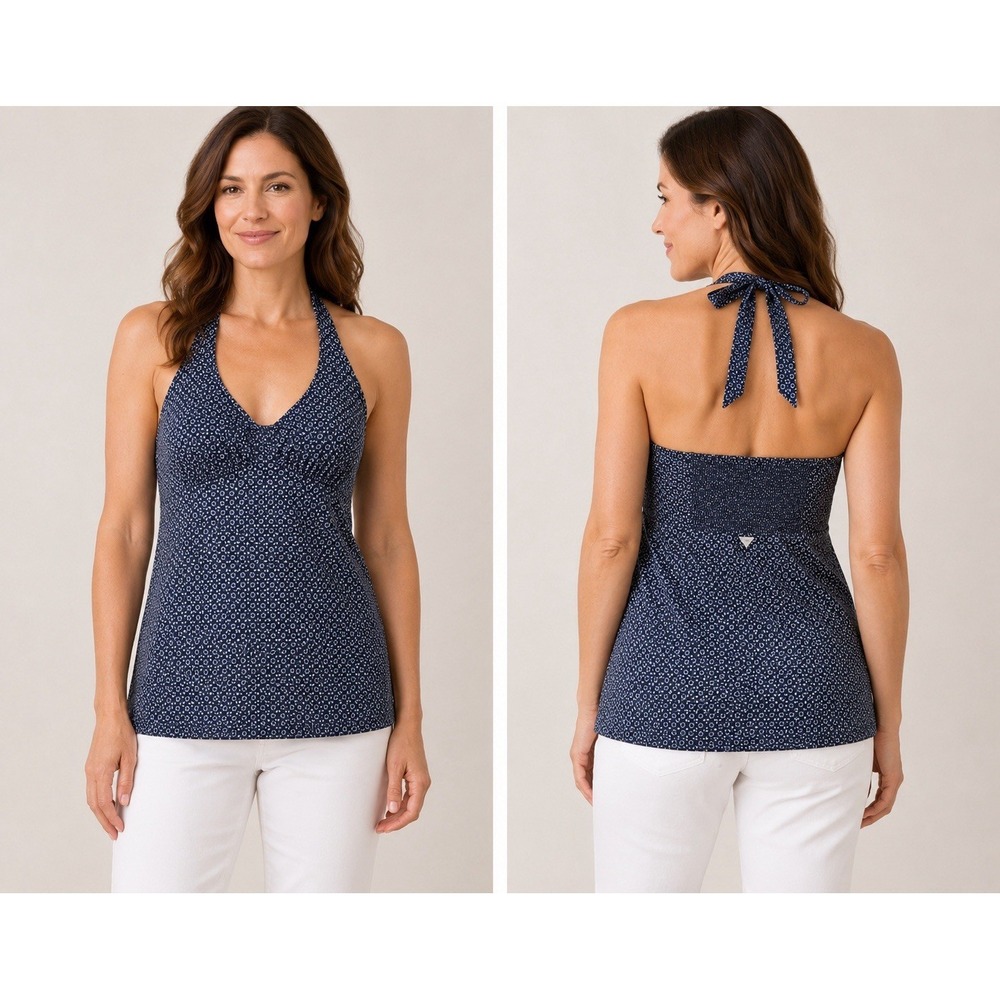 Columbia PGF Performance Fishing Gear Halter Top Ruffle Tie Back Blue Large